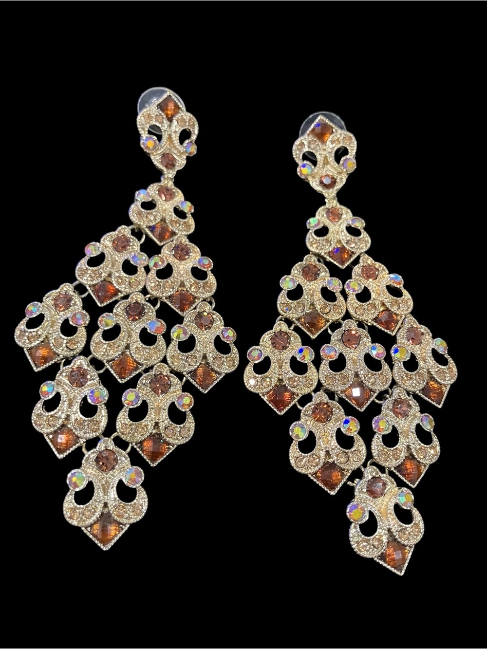 Éclat Swarovski Crystal Gold Tone Amber AB Chandelier Earrings NWT